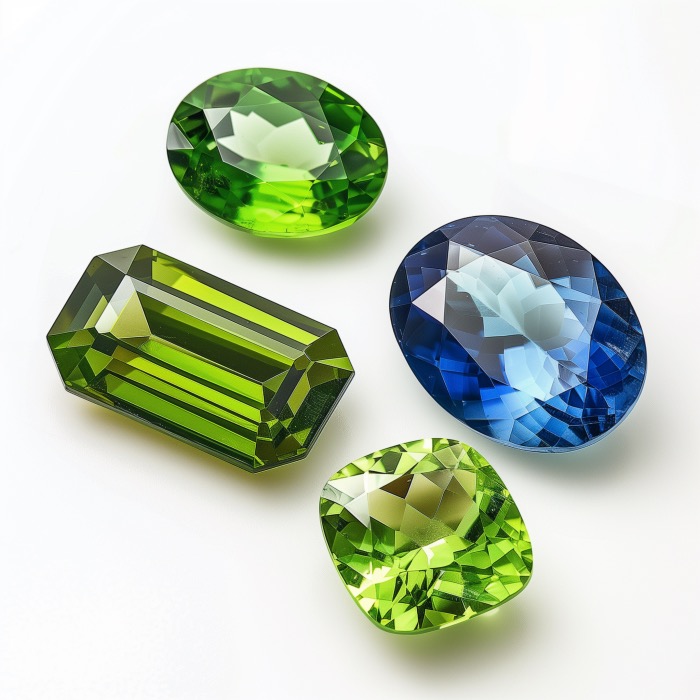 Cut and polished sapphires and peridots.
