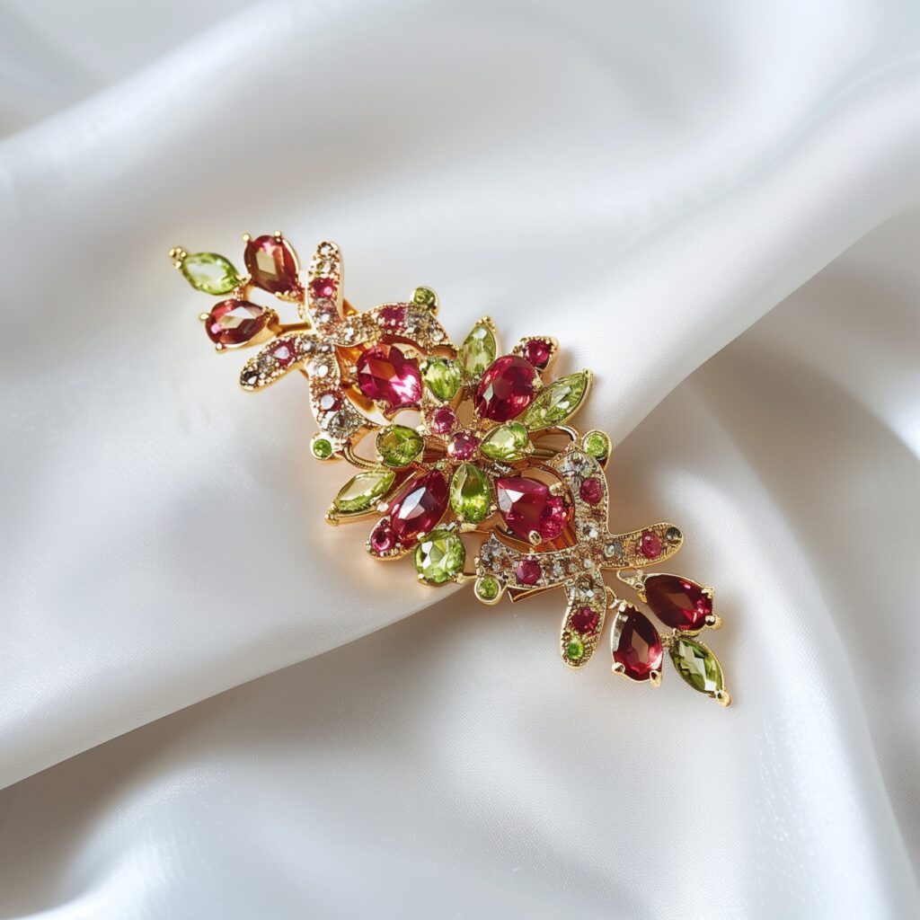 Ruby and peridot detailed floral brooch.