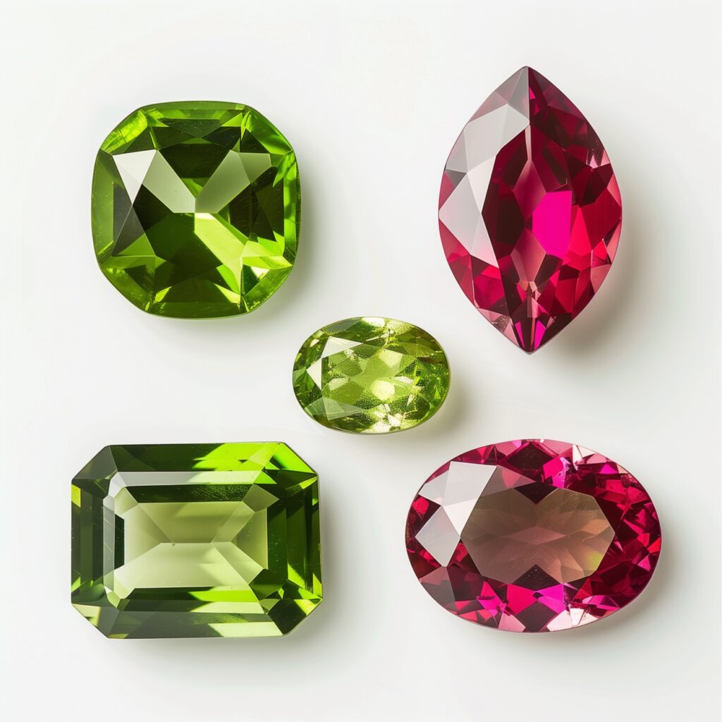 Cut and polished peridots and rubies.