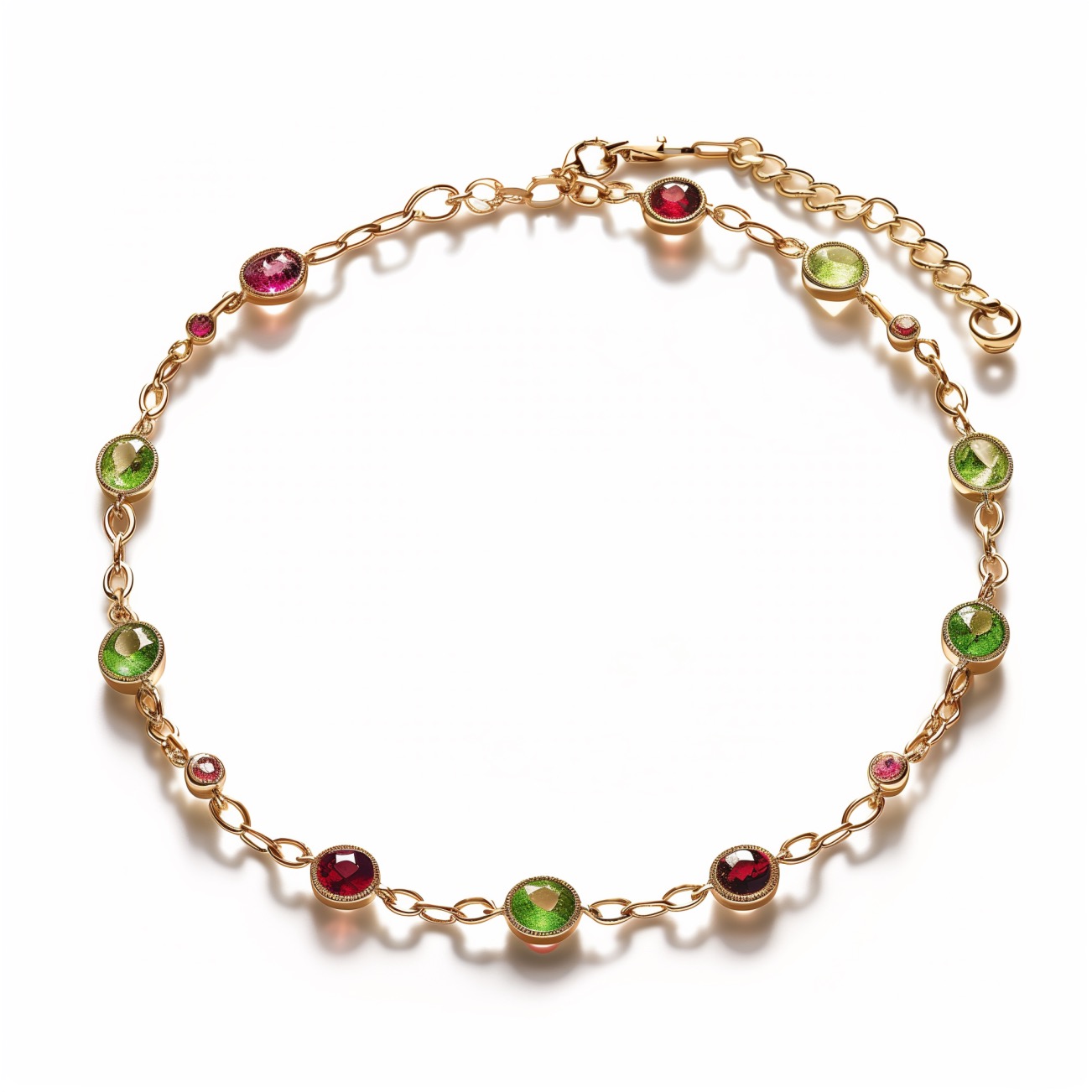 Gold chain bracelet set with alternating tumbled peridot and ruby stones.