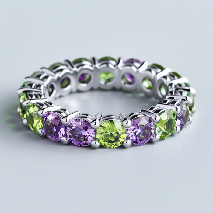 White gold band set all around with large amethysts and peridots.