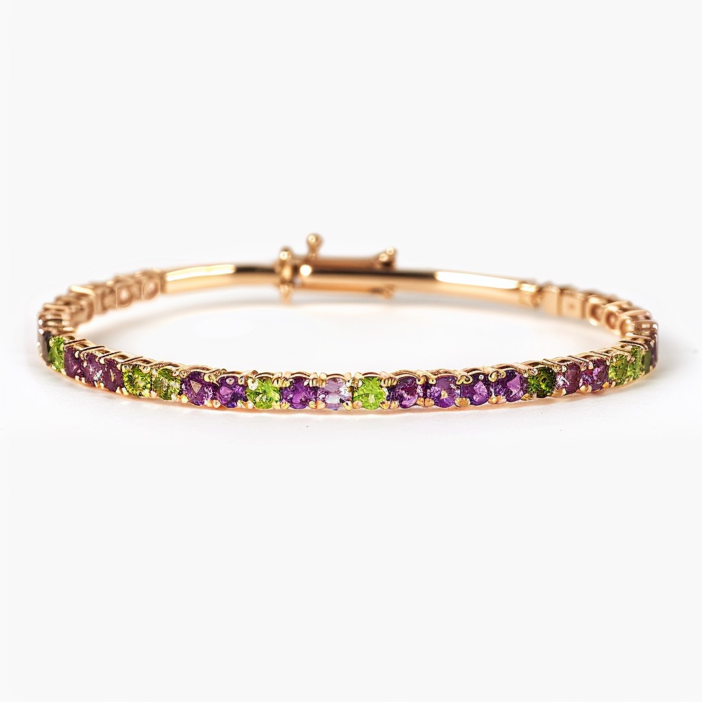 Amethyst and peridot tennis bracelet set in yellow gold.