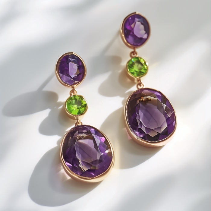 Peridot and amethyst three-stone drop earrings set in yellow gold.