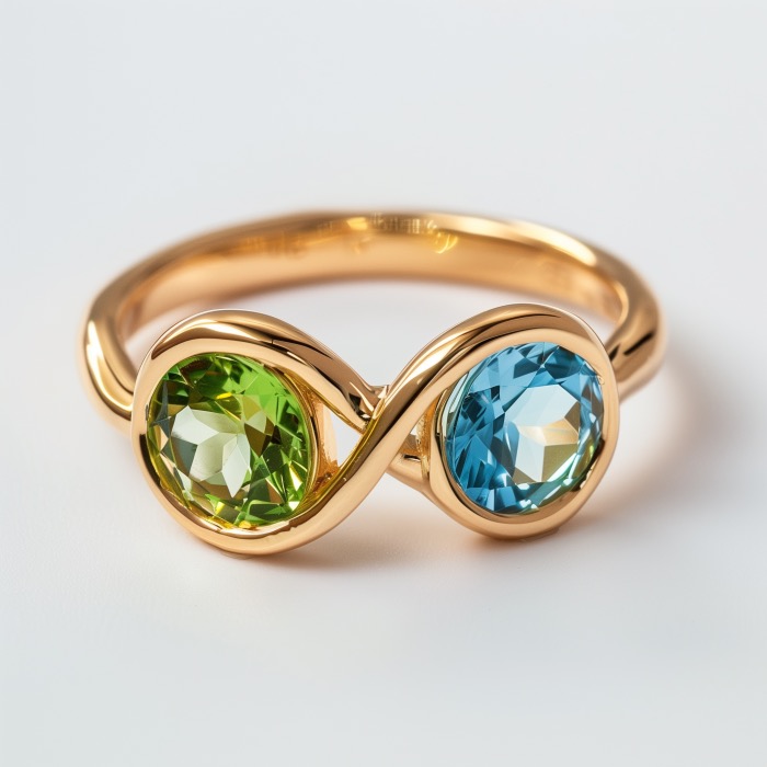 Aquamarine and peridot cocktail ring set in yellow gold.