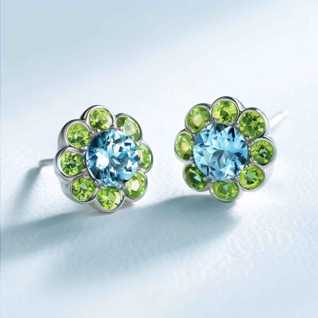 Floral studs of center round aquamarine surrounded by peridot petals set in white gold.