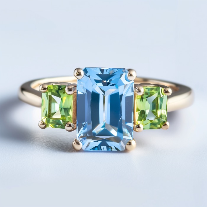 Engagement ring of large emerald cut aquamarine between two square peridots set in white gold.