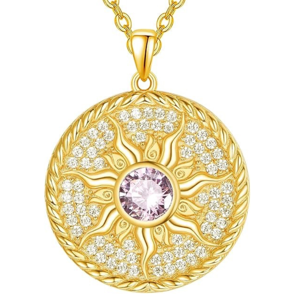 Beautiful Taurus birthstone idea: large  sun pendant necklace set with a single rose quartz gemstone in the center.