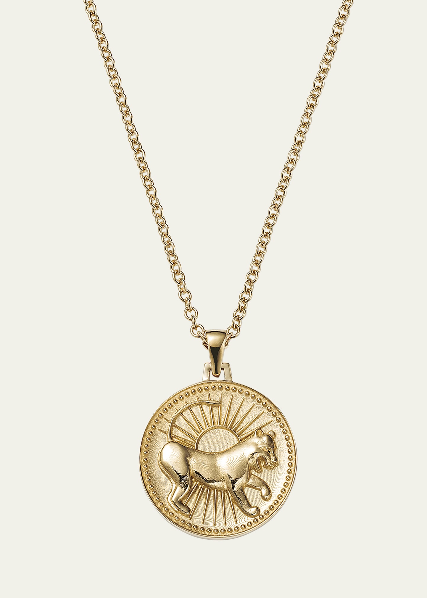 Futura Jewelry 18K Yellow Gold Leo Zodiac Pendant Necklace on Adjustable 18K Yellow Gold Chain with Lobster Clasp. Made in USA. Handcrafted in NYC.