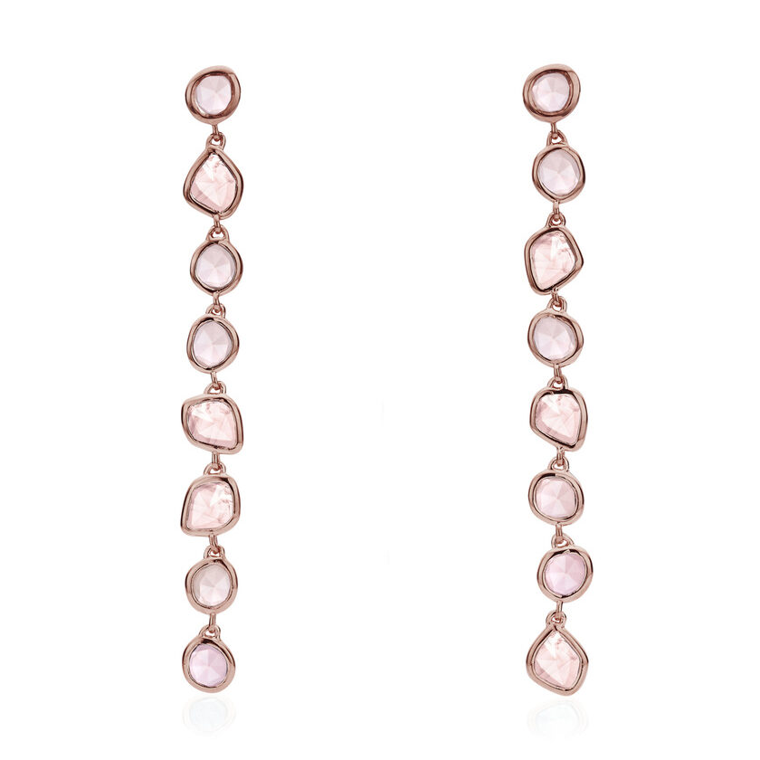 Elegant Long Rose Gold Cocktail Earrings Set with Eight Rose Quartz Gems