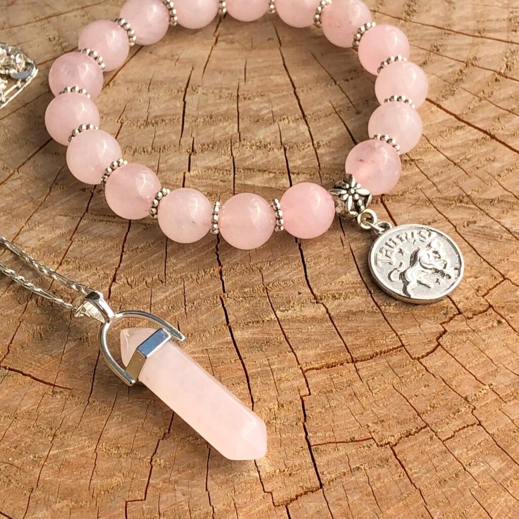 Taurus Rose Quartz Bracelet & Necklace Jewelry Set