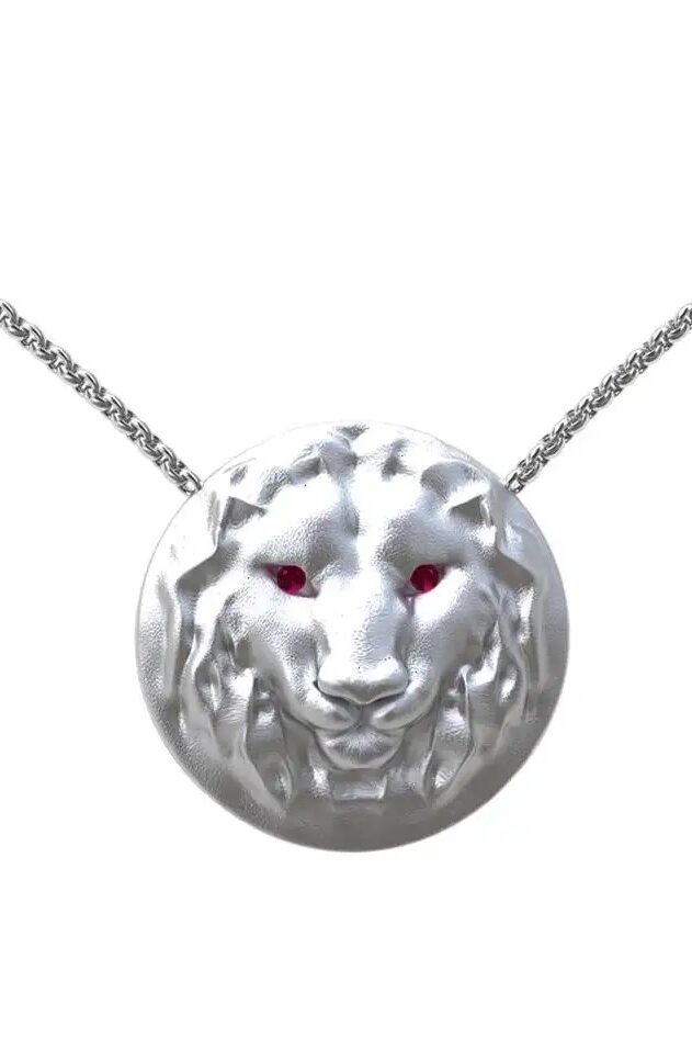 Thomas Kurilla 18K White Gold Scuptural Leo Pendant with Ruby Eyes on 18-Inch White Gold Chain