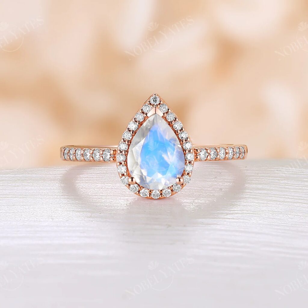 Vintage Pear Shape Moonstone Rose Gold Ring - Zodiac Stone for Gemini