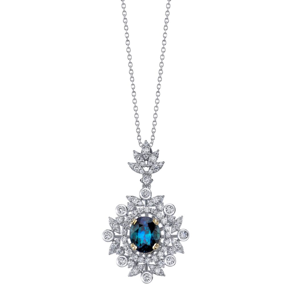 18K White Gold Natural Alexandrite Pendant, Elaborate Diamond Setting by Safiya